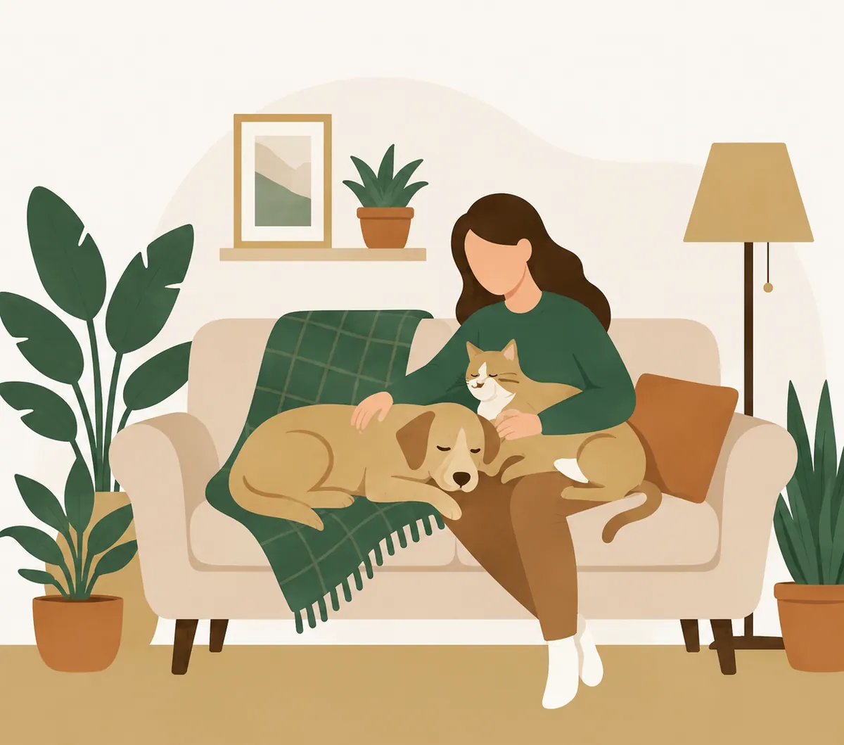 A woman resting on her couch at home with her dog and cat