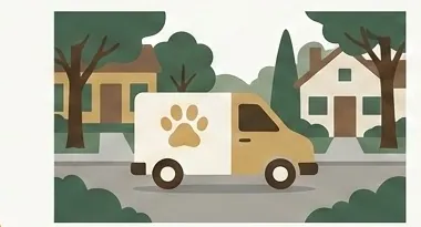 A Passing Paws care van arriving at a quiet residential home, lined with trees