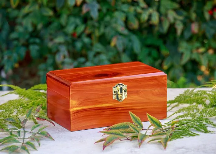 Aromatic cedar chest urn with brass-color hardware and a small padlock