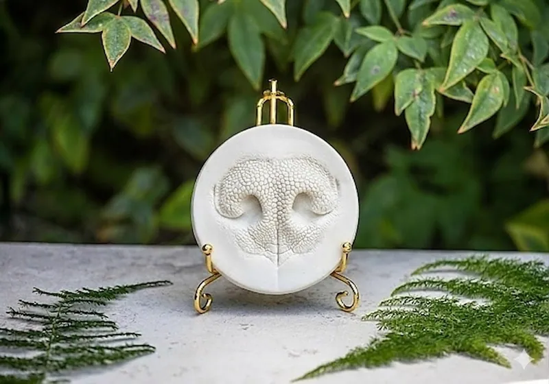 Clay nose print displayed on a gold stand