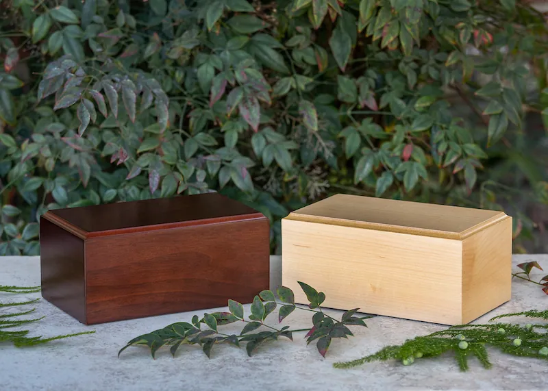 Companion chest urn in maple and walnut wood veneer
