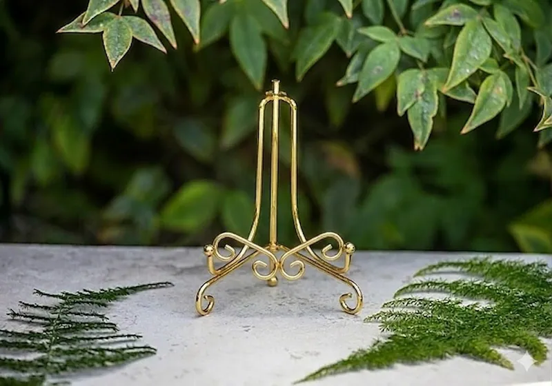 A small gold display stand for a clay print