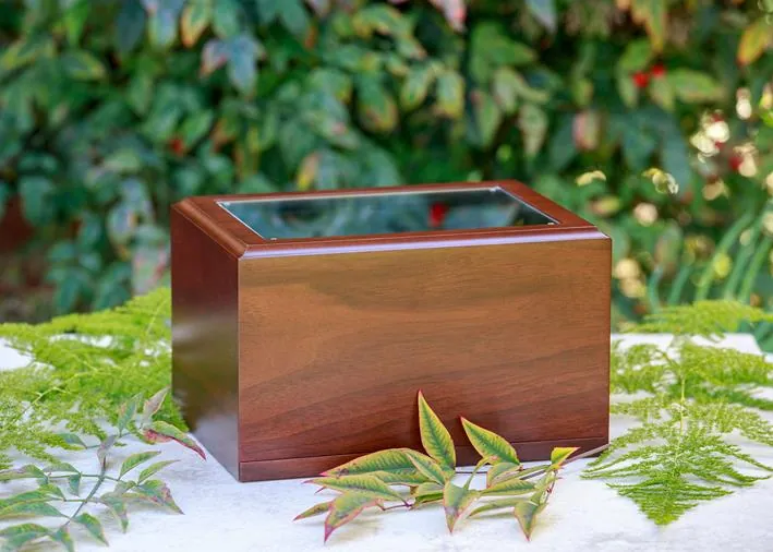 Walnut photo memory urn with a built-in front photo frame