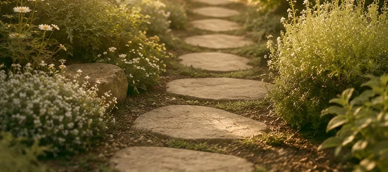 A sunlit garden stone path