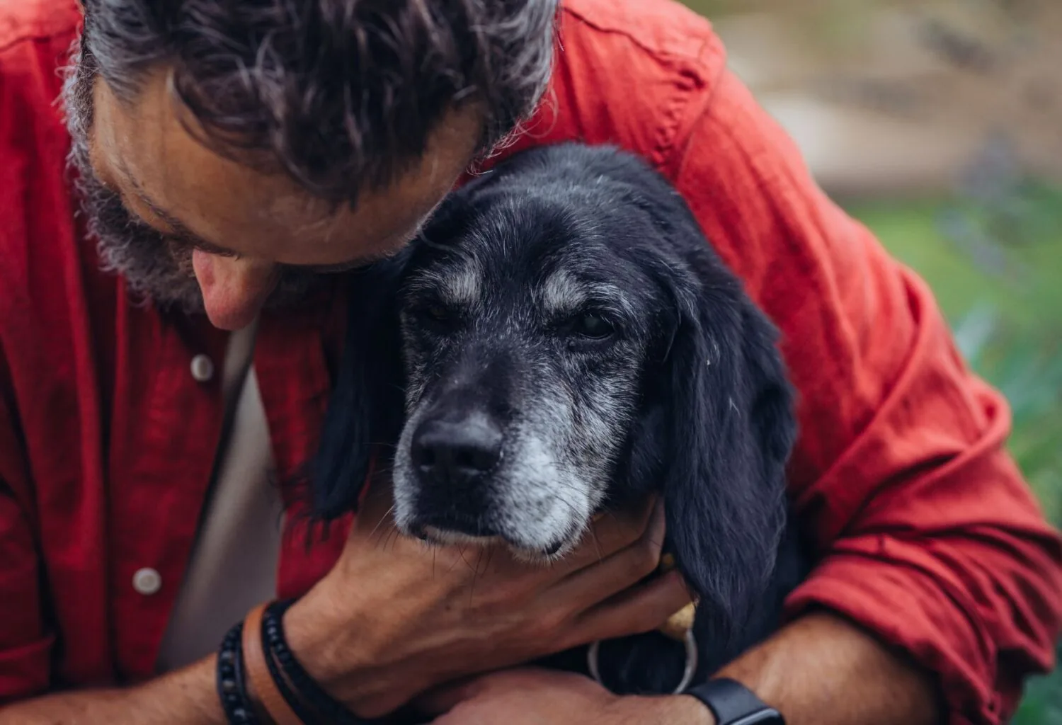A man sitting quietly with his senior black dog, grey around the muzzle