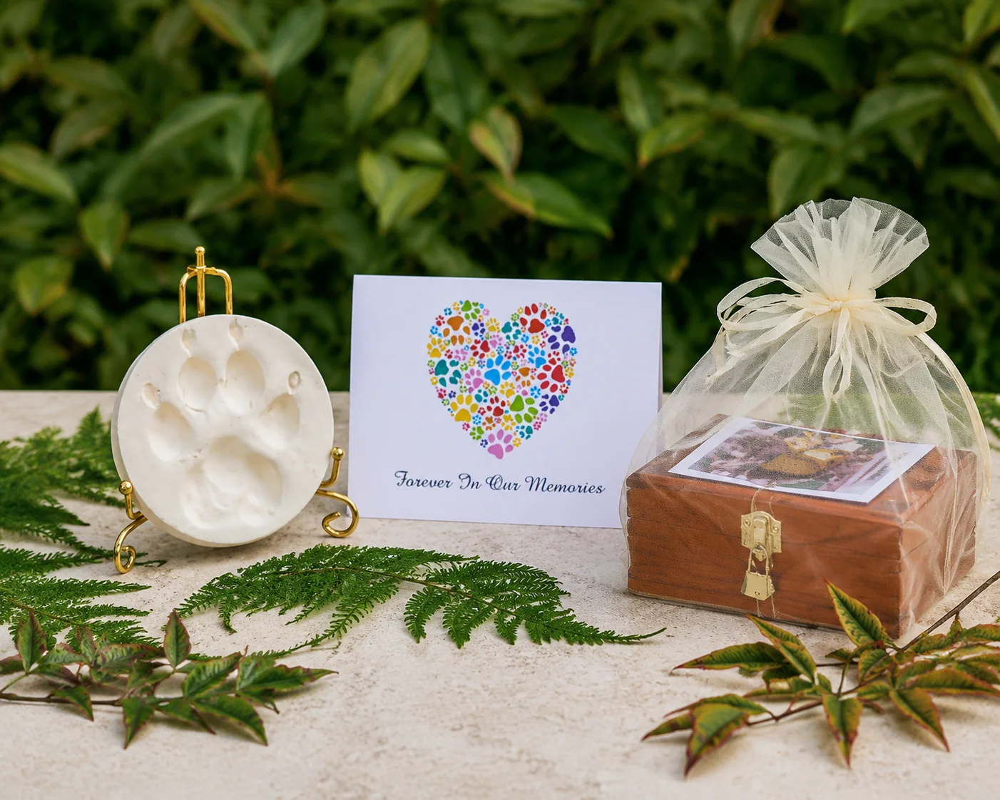 A Passing Paws keepsake set on stone with ferns — a clay paw print on a gold display stand, a 'Forever In Our Memories' card, and a cedar memory chest in an organza bag