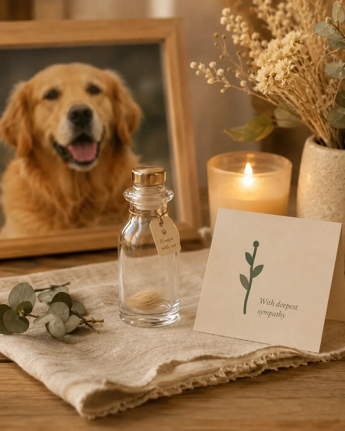 A pet memorial: a framed photo, a keepsake bottle, a lit candle, and a sympathy card on linen
