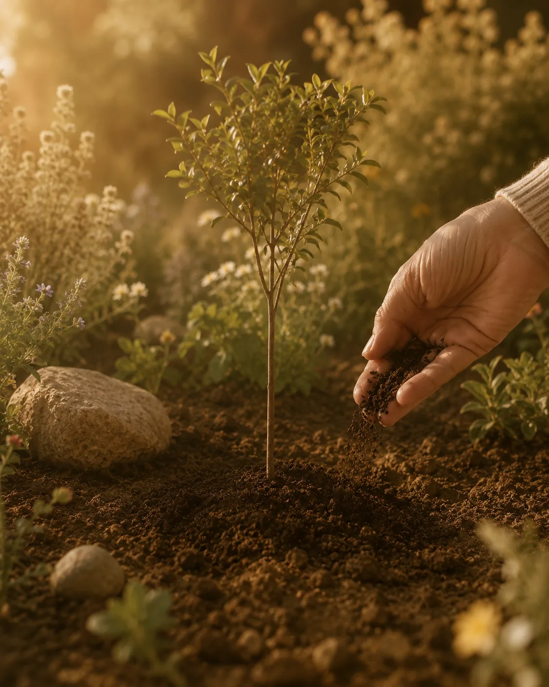 A hand gently scattering at the base of a newly planted tree in a sunlit garden